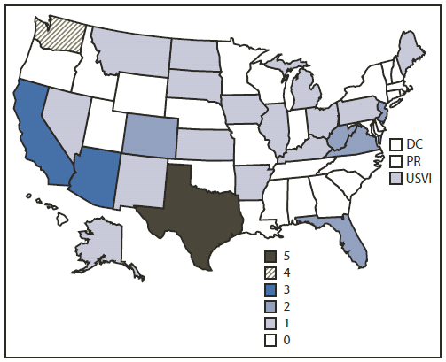 The figure shows the number of notifications received by the Unexplained Respiratory Disease Outbreak working group, by state/territory in the United States, during March 2007-September 2011. During March 2007-September 2011, the work¬ing group was notified by state or international public health officials of 57 investigations. Of these, 41 occurred in the United States and its territories, and 16 occurred internation¬ally.